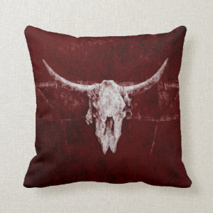 Bull Skull Western Country Burgundy Red Old Rustic Cushion