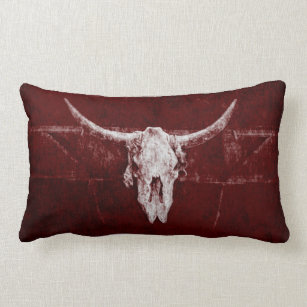 Bull Skull Western Country Burgundy Red Old Rustic Lumbar Cushion