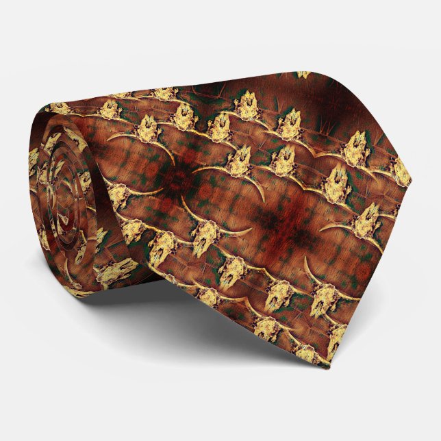 Bull Skull Western Country Rustic Plaid Style Tie (Rolled)