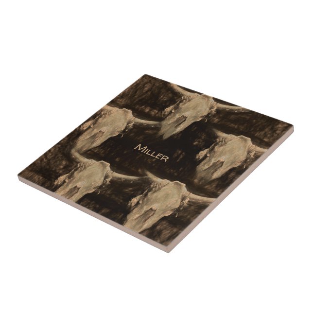 Bull Skull Western Rustic Country Brown Sepia Art Tile (Side)