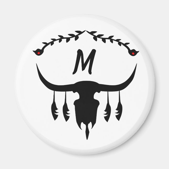 Bull Skull with Black Feathers Silhouette Magnet (Front)