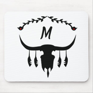 Bull Skull with Black Feathers Silhouette Mouse Pad