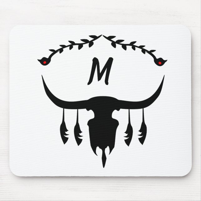 Bull Skull with Black Feathers Silhouette Mouse Pad (Front)