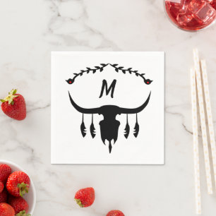 Bull Skull with Black Feathers Silhouette Napkin