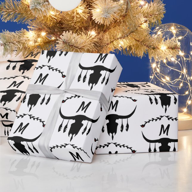Bull Skull with Black Feathers Silhouette Wrapping Paper (Holidays)