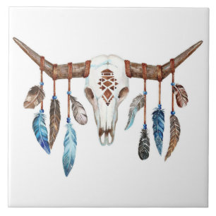 Bull Skull with feathers background Tile