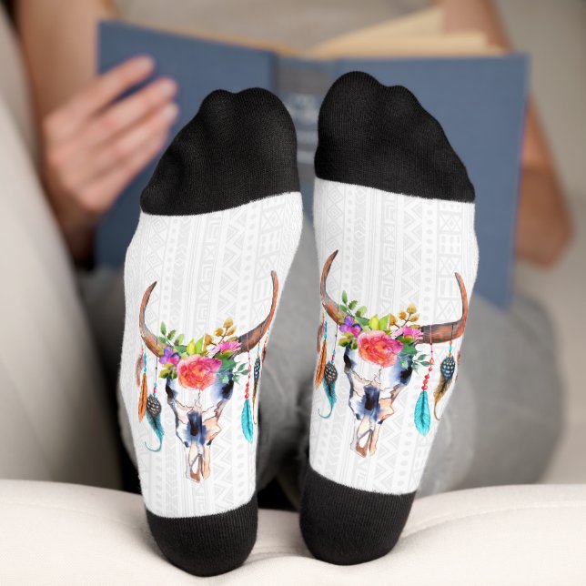 Bull Skull With Flowers And Feathers  Socks (Bottom)
