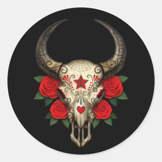 Bull Sugar Skull with Red Roses on Black Classic Round Sticker (Front)