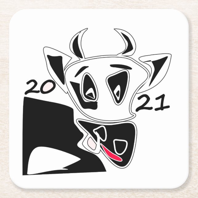 Bull symbol New Year 2021 Chinese calendar black w Square Paper Coaster (Front)