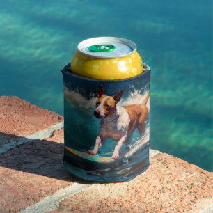 Bull Terrier Beach Surfing Painting Can Cooler