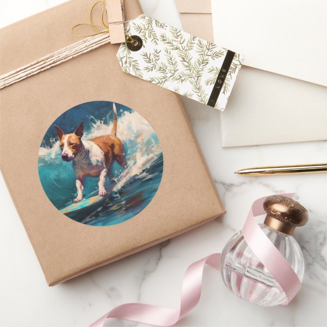 Bull Terrier Beach Surfing Painting Classic Round Sticker (Gifting)