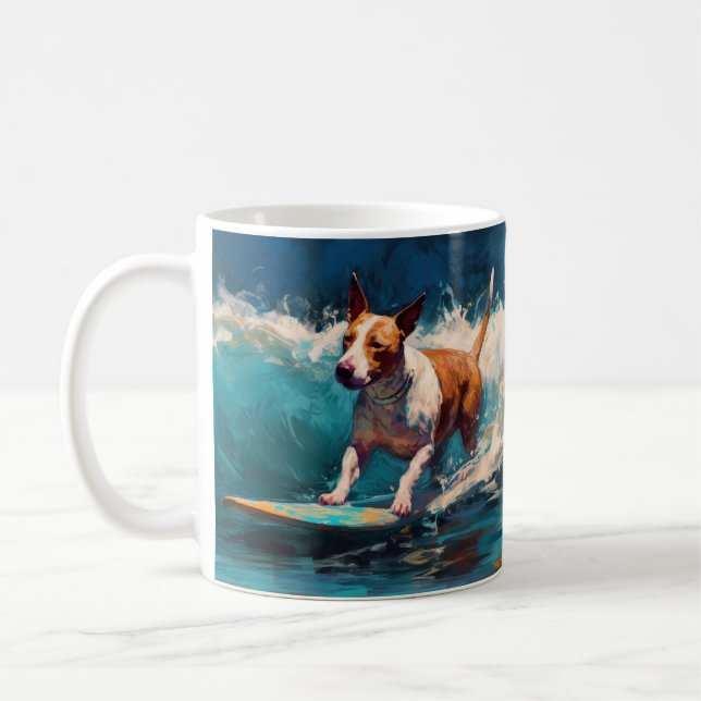 Bull Terrier Beach Surfing Painting Coffee Mug (Left)