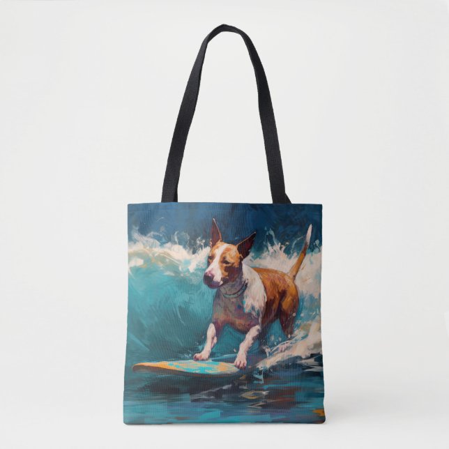 Bull Terrier Beach Surfing Painting Tote Bag (Front)