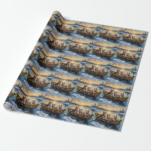 Bull Terrier Christmas Boat Holiday Wrapping Paper
