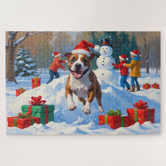 Bull Terrier Christmas Festive Snow Scene Jigsaw Puzzle (Horizontal)