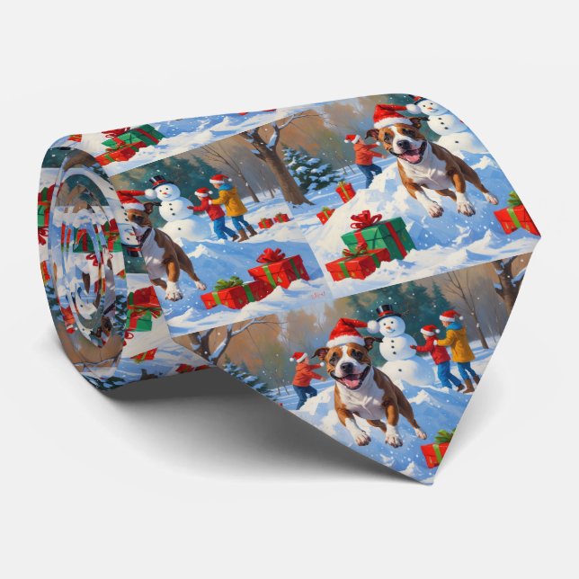 Bull Terrier Christmas Festive Snow Scene Tie (Rolled)