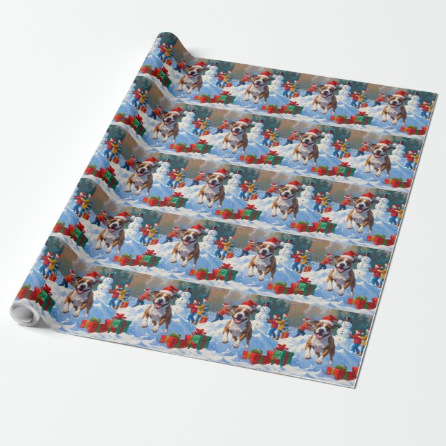Bull Terrier Christmas Festive Snow Scene Wrapping Paper (Unrolled)