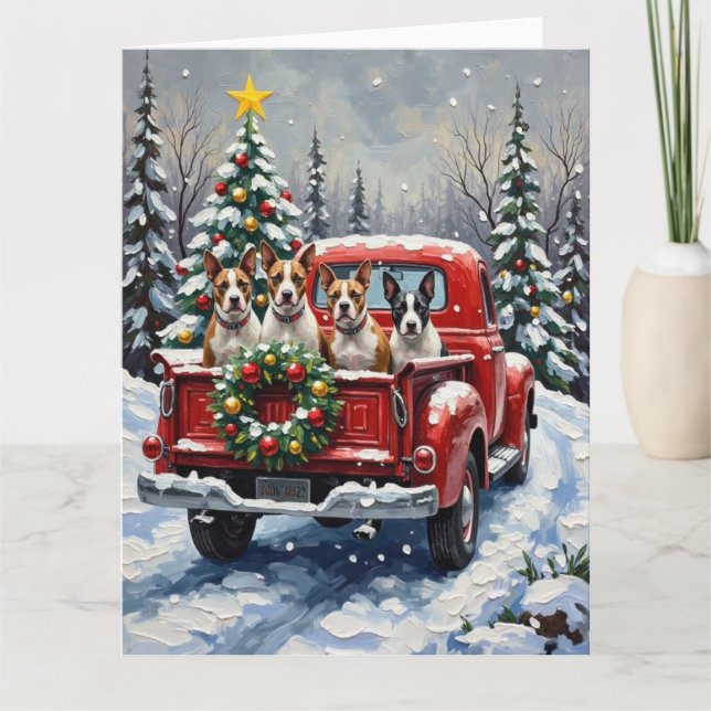 Bull Terrier Christmas Red Truck Holiday Card (Front)