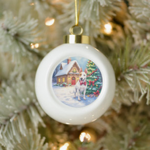 Bull Terrier Cosy Cottage Christmas Tree Art Ceramic Ball Christmas Ornament