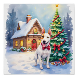 Bull Terrier Cosy Cottage Christmas Tree Art Poster