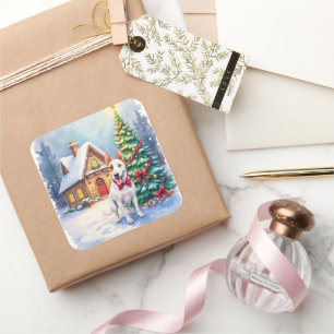 Bull Terrier Cosy Cottage Christmas Tree Art Square Sticker