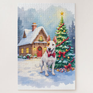 Bull Terrier Cozy Cottage Christmas Tree Art Jigsaw Puzzle