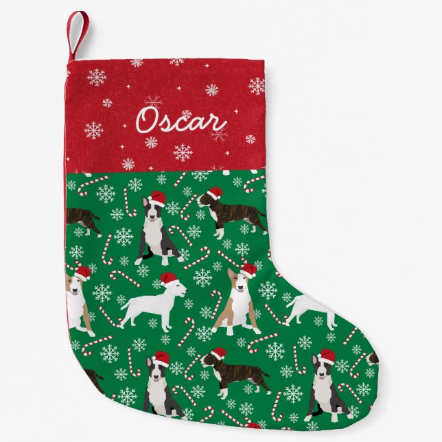 Bull Terrier Dog Christmas Holiday pet name Small Christmas Stocking (Front)