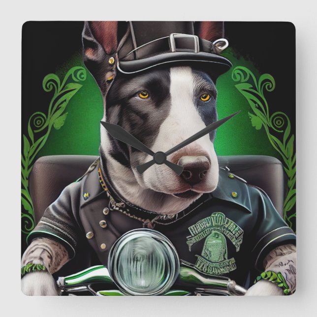 Bull Terrier Dog Driving Bike St. Patrick's Day Square Wall Clock (Front)