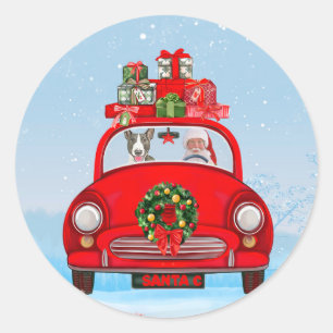 Bull Terrier Dog In Car With Santa Claus Classic Round Sticker