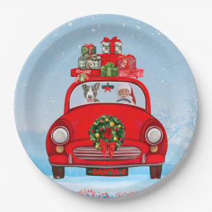 Bull Terrier Dog In Car With Santa Claus Paper Plate
