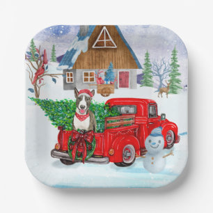 Bull Terrier dog In Christmas Delivery Truck Snow Paper Plate
