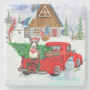 Bull Terrier dog In Christmas Delivery Truck Snow Stone Coaster