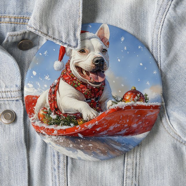 Bull Terrier Dog in Sledge Let it Snow Christmas 6 Cm Round Badge (In Situ)