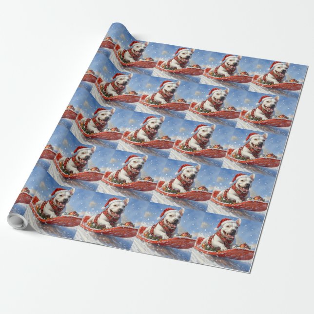 Bull Terrier Dog in Sledge Let it Snow Christmas Wrapping Paper (Unrolled)