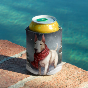 Bull Terrier Dog in Snow Christmas Can Cooler