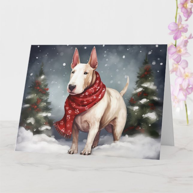Bull Terrier Dog in Snow Christmas  Card (Orchid)