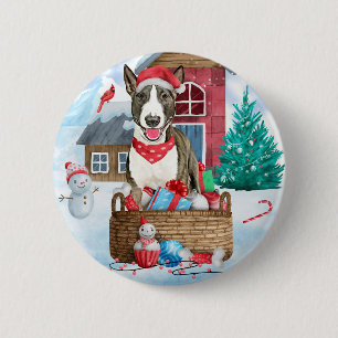 Bull Terrier Dog In snow Christmas Dog House 6 Cm Round Badge