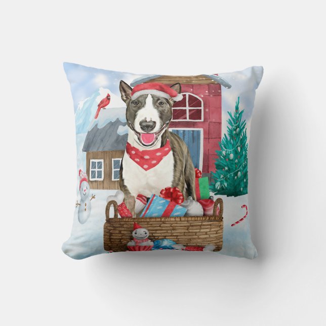 Bull Terrier Dog In snow Christmas Dog House Cushion (Front)