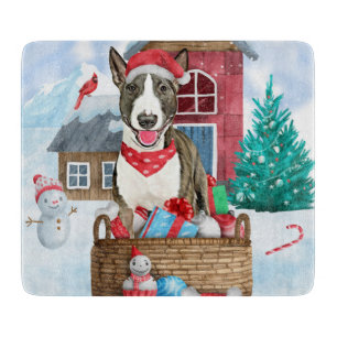 Bull Terrier Dog In snow Christmas Dog House Cutting Board