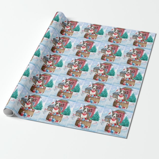 Bull Terrier Dog In snow Christmas Dog House Wrapping Paper (Unrolled)