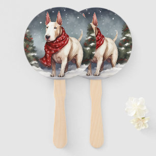 Bull Terrier Dog in Snow Christmas Hand Fan
