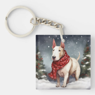 Bull Terrier Dog in Snow Christmas Key Ring