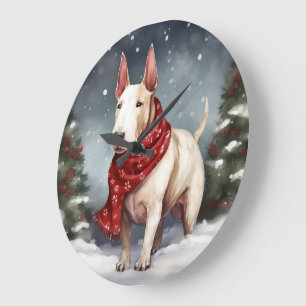 Bull Terrier Dog in Snow Christmas Large Clock