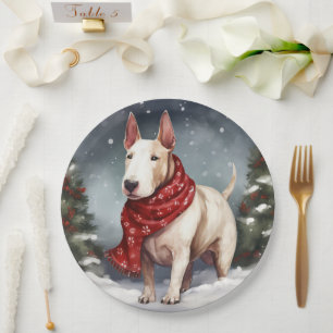 Bull Terrier Dog in Snow Christmas Paper Plate
