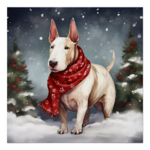 Bull Terrier Dog in Snow Christmas  Poster