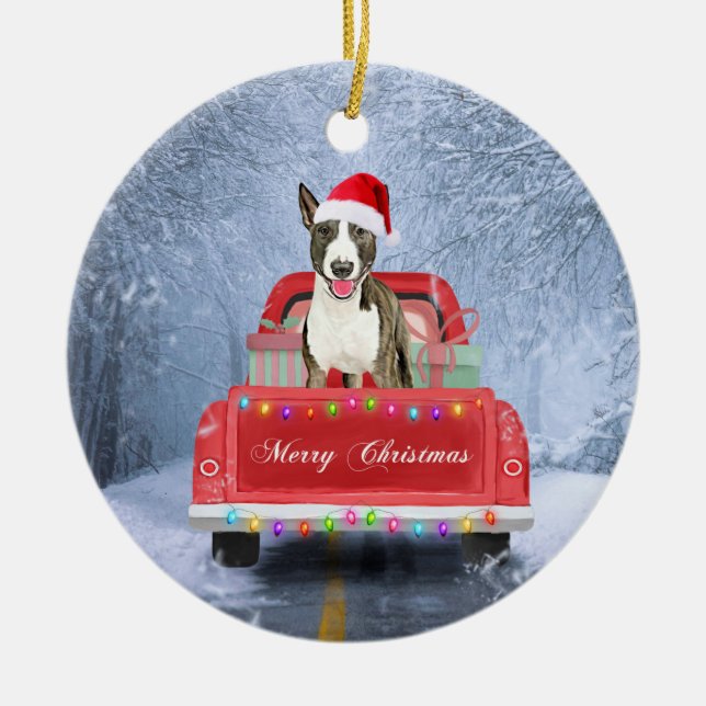Bull Terrier Dog in Snow sitting in Christmas  Ceramic Tree Decoration (Front)