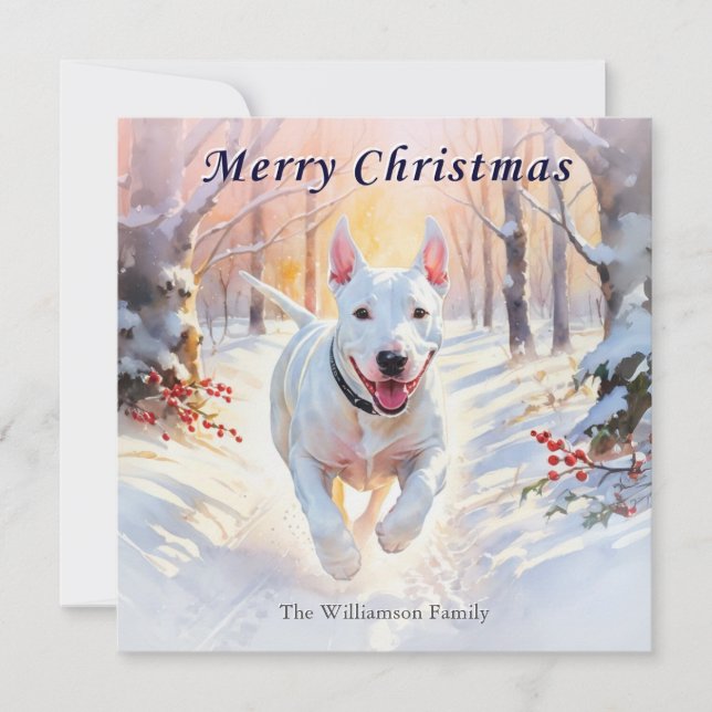 Bull Terrier Dog In Winter Snow Merry Christmas Holiday Card (Front)