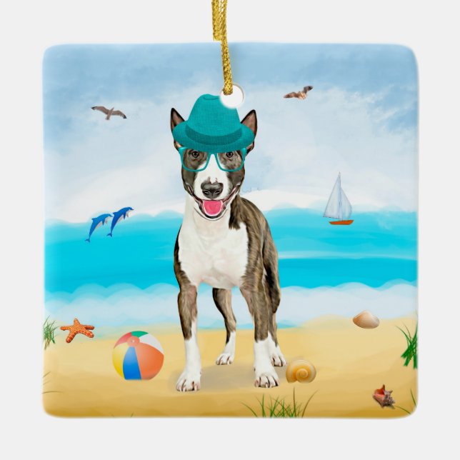 Bull Terrier Dog on Beach Ceramic Ornament (Front)