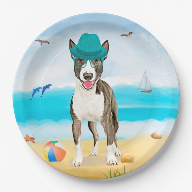 Bull Terrier Dog on Beach Paper Plate (Front)