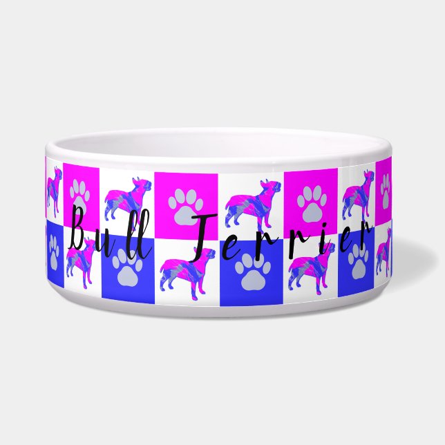 Bull Terrier Dog & Paw Hot Pink and Blue Bowl (Front)